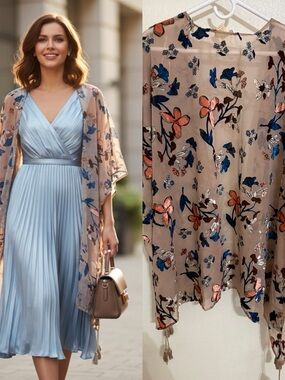 Japna Velvet Burnout Floral Kimono Tassel Boho Duster Size L